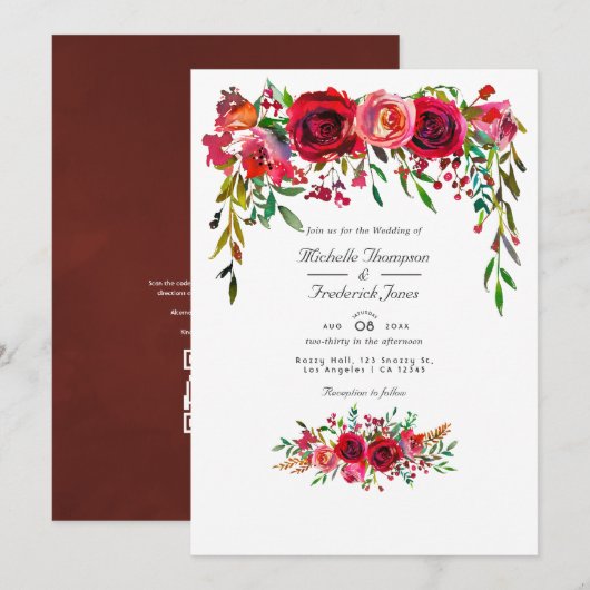 Invitation Mariage Fleurs de Bourgogne et Blush avec QR Code (Devant / Derrière)