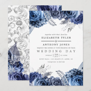 Invitation Mariage Fleurs de Feuille d'Argent Bleu Marine et