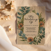 Invitation Mariage fleurs de forêt en bois vert rustique