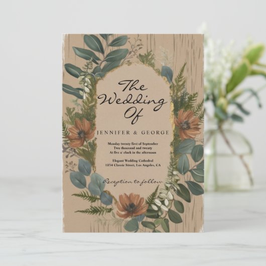 Invitation Mariage fleurs de forêt en bois vert rustique (Debout devant)