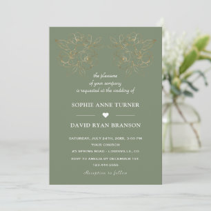 Invitation Mariage Fleurs de Ligne d'Or Vert Sauge Moderne