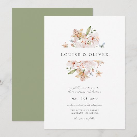 Invitation Mariage Fleurs de Lys Aquarelle Moderne (Devant / Derrière)