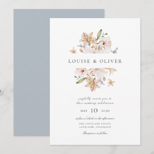 Invitation Mariage Fleurs de Lys Aquarelle Moderne Bleu Pouss