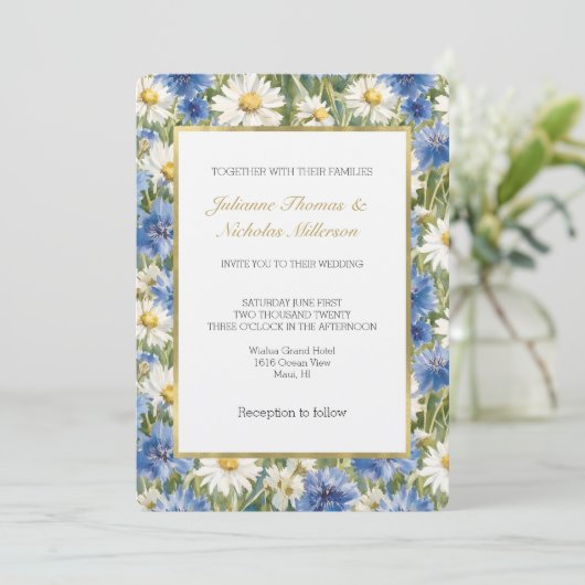 Invitation Mariage Fleurs de Marguerite Bleu Blanc (Debout devant)