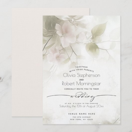 Invitation MARIAGE Fleurs de pêcher rose blush (Devant / Derrière)