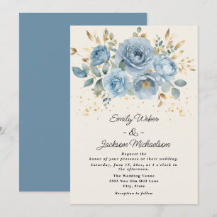 Invitation Mariage Fleurs de peinture à l'eau bleu poussiéreu