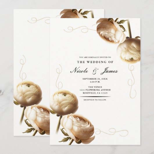 Invitation Mariage Fleurs de Ranunculus Crème et Blanc (Devant / Derrière)
