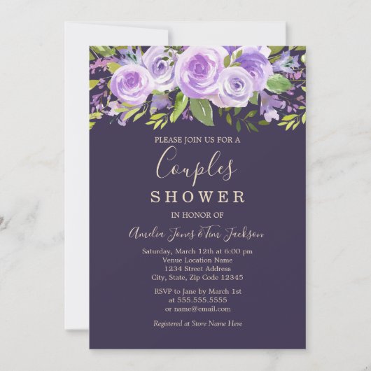Invitation Mariage Fleurs de Rose Lavande pour Couples (Devant)