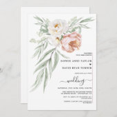 Invitation Mariage Fleurs de Rose Poussiéreuse Blanche Aquare (Devant / Derrière)