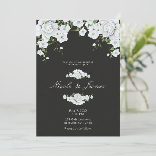 Invitation Mariage Fleurs de Roses Blanches et Gris Charbon (Debout devant)