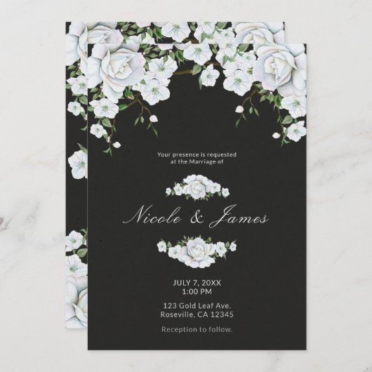 Invitation Mariage Fleurs de Roses Blanches et Gris Charbon (Devant / Derrière)