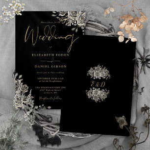 Invitation Mariage Fleurs de Roses Gothiques Noir et Or
