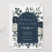 Invitation Mariage Fleurs de Saisons Modernes Bleu Foncé et B (Devant)