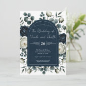Invitation Mariage Fleurs de Saisons Modernes Bleu Foncé et B (Debout devant)
