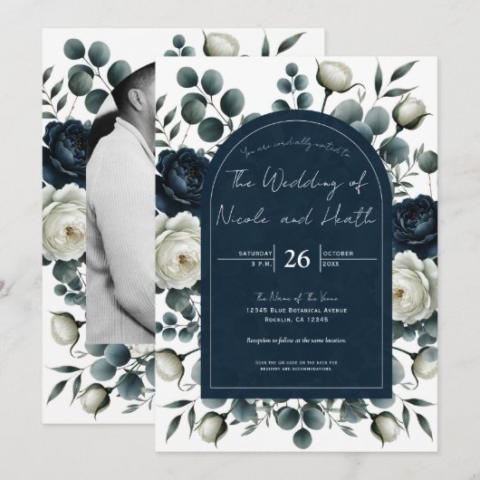 Invitation Mariage Fleurs de Saisons Modernes Bleu Foncé et B (Devant / Derrière)