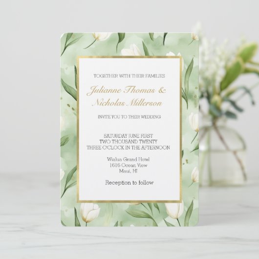 Invitation Mariage Fleurs de Tulipe Blanches Vertes Jolis (Debout devant)