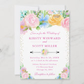 Invitation Mariage Fleurs d'Été Rose et Jaune (Devant)