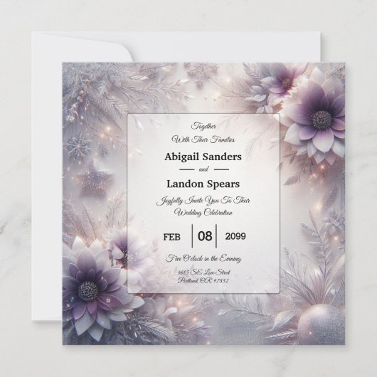 Invitation Mariage Fleurs d'Hiver Améthyste Douce et Argent (Devant)