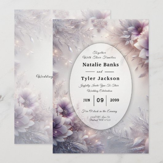 Invitation Mariage Fleurs d'Hiver Améthyste Douce et Argent (Devant / Derrière)