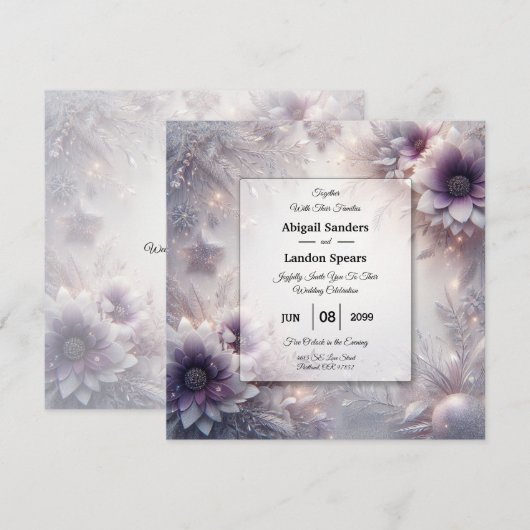 Invitation Mariage Fleurs d'Hiver Améthyste Douce et Argent (Devant / Derrière)