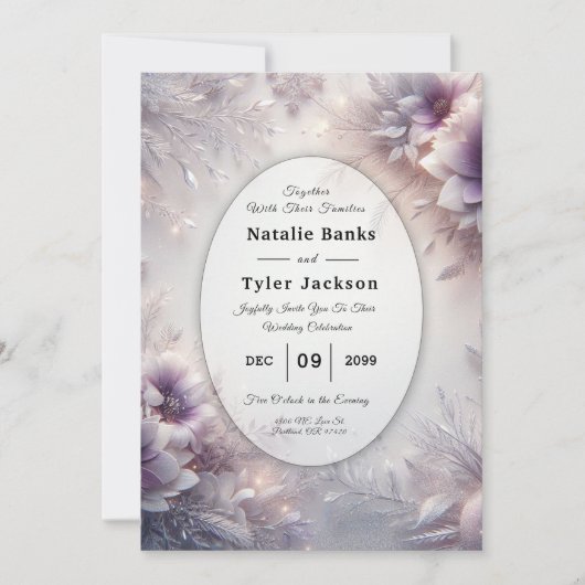 Invitation Mariage Fleurs d'Hiver Argent et Améthyste Douce (Devant)