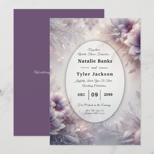 Invitation Mariage Fleurs d'Hiver Argent et Améthyste Douce (Devant / Derrière)