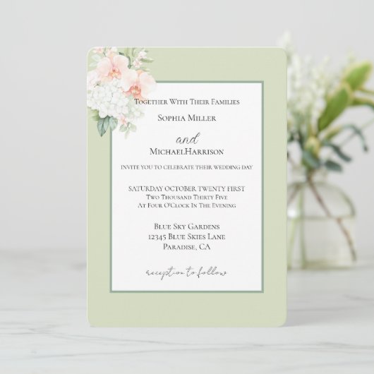Invitation Mariage Fleurs d'Orchidée Rose Pêche Vert Avocat (Debout devant)