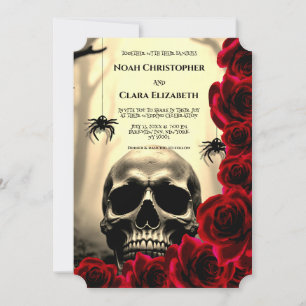 Invitation Mariage Fleurs Gothiques Crâne Halloween roses rou