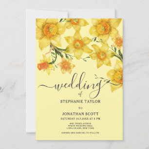 Invitation Mariage fleurs jonquilles dorées vertes de printem