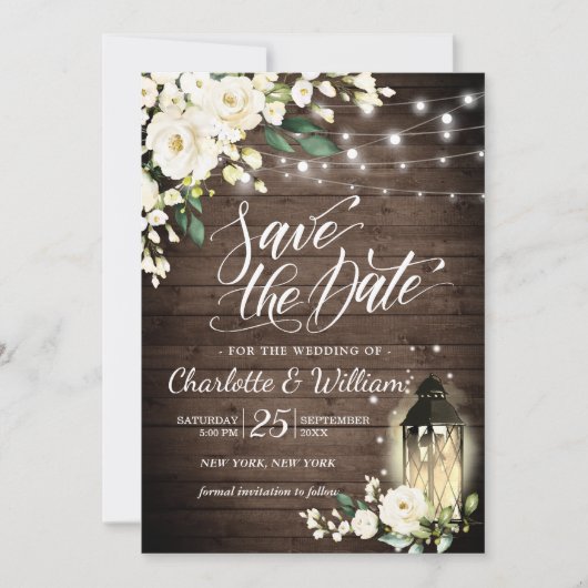 Invitation Mariage Fleurs & Lanternes Bois & Blanc Enregistre (Devant)
