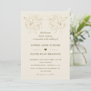 Invitation Mariage Fleurs Ligne Or Ivoire Moderne