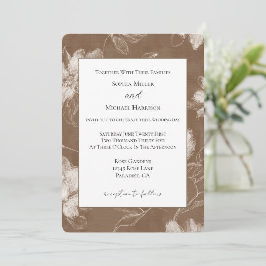 Invitation Mariage Fleurs Marron Crème (Debout devant)