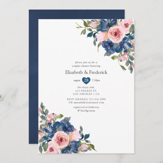 Invitation Mariage Fleurs Navy et Blush pour Couples (Devant / Derrière)