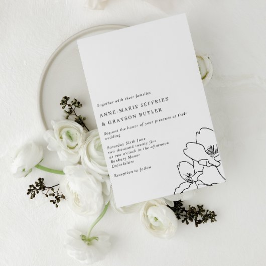 Invitation Mariage Fleurs noires et blanches à trait simple