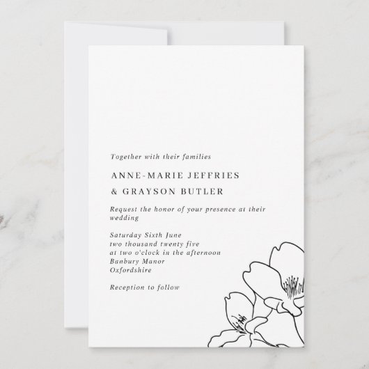 Invitation Mariage Fleurs noires et blanches à trait simple (Devant)