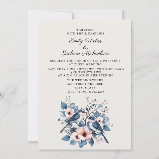 Invitation Mariage Fleurs Oiseaux Rose Navy (Devant)
