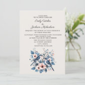 Invitation Mariage Fleurs Oiseaux Rose Navy (Debout devant)