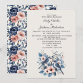 Invitation Mariage Fleurs Oiseaux Rose Navy (Devant / Derrière)