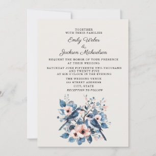 Invitation Mariage Fleurs Oiseaux Rose Navy