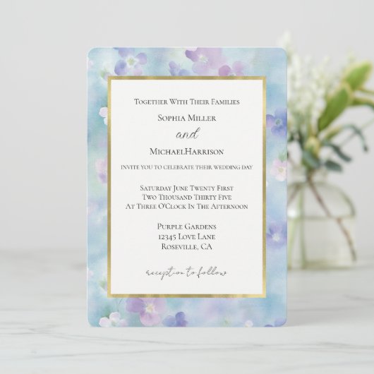 Invitation Mariage Fleurs Or Bleu Lavande Blanc Violet (Debout devant)
