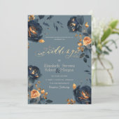 Invitation Mariage Fleurs Or Bleu Marine (Debout devant)