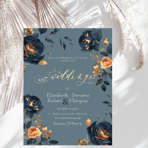 Invitation Mariage Fleurs Or Bleu Marine