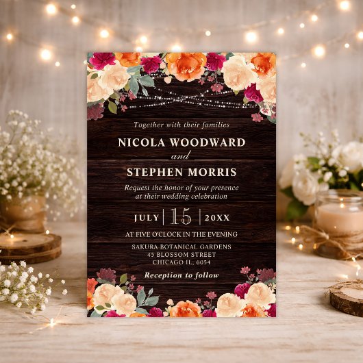 Invitation Mariage Fleurs Orange d'Automne Rustique