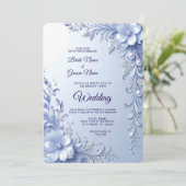 Invitation Mariage Fleurs Ornées Bleues avec Perles (Debout devant)