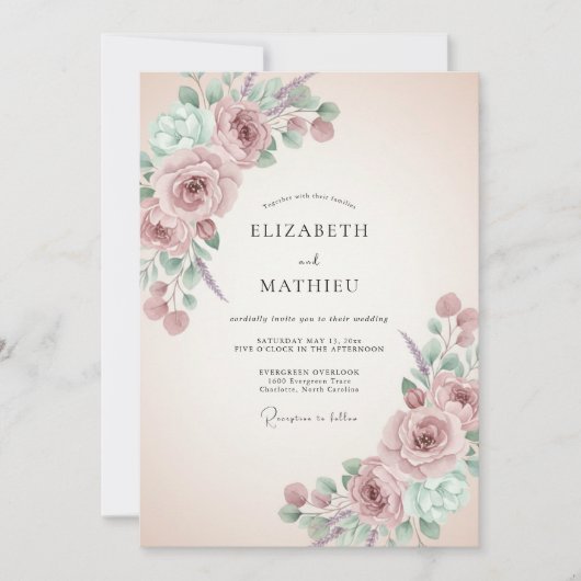 Invitation Mariage Fleurs Painterly Rose Pâle (Devant)