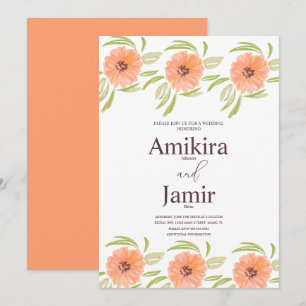 Invitation Mariage Fleurs Peintes à la Main Aquarelle Peche