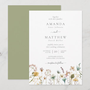 Invitation Mariage Fleurs Pressées Aquarelle Sauge Délicate