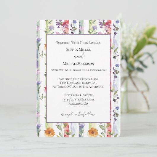 Invitation Mariage Fleurs Rayures Rouge Orange Violet (Debout devant)