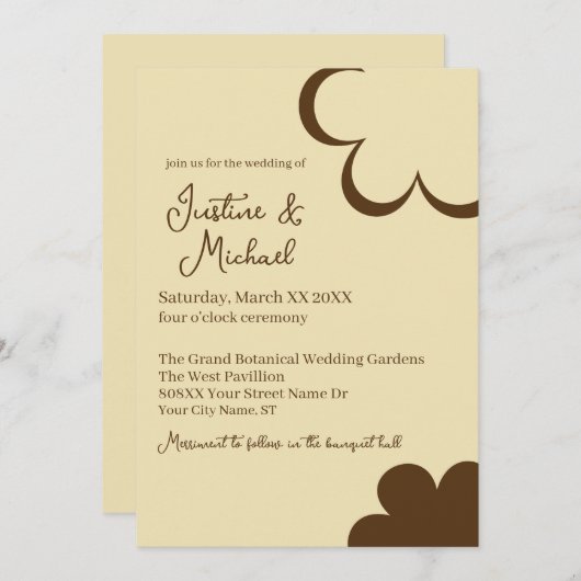 Invitation Mariage Fleurs Rétro Jaune et Marron (Devant / Derrière)