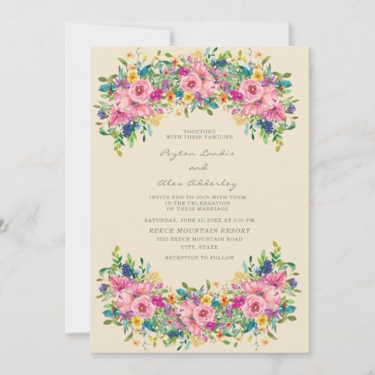 Invitation Mariage Fleurs Rose Bleu Jaune Boho (Devant)